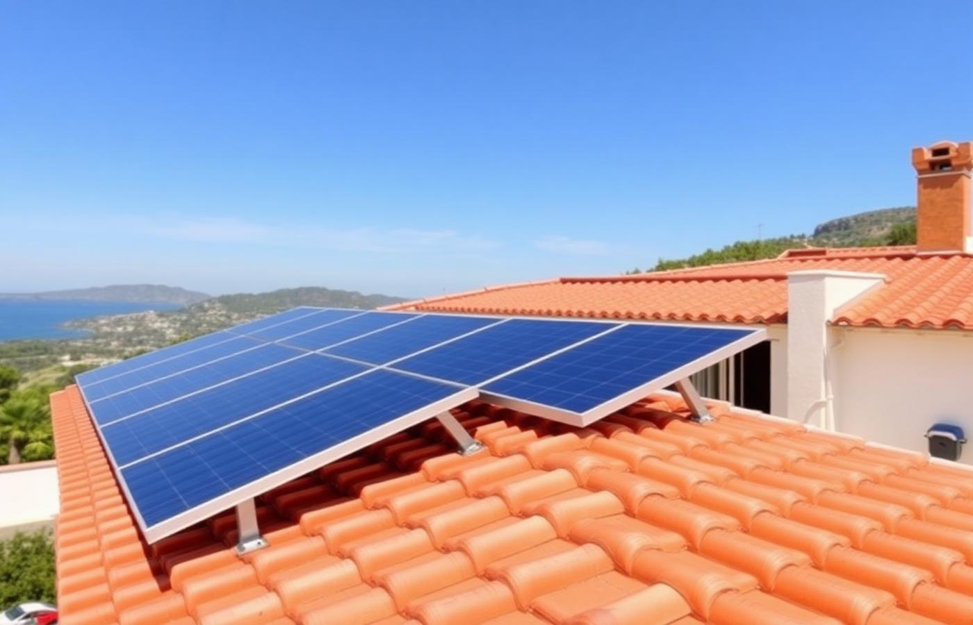 Paneles solares modernos sobre un tejado de villa española