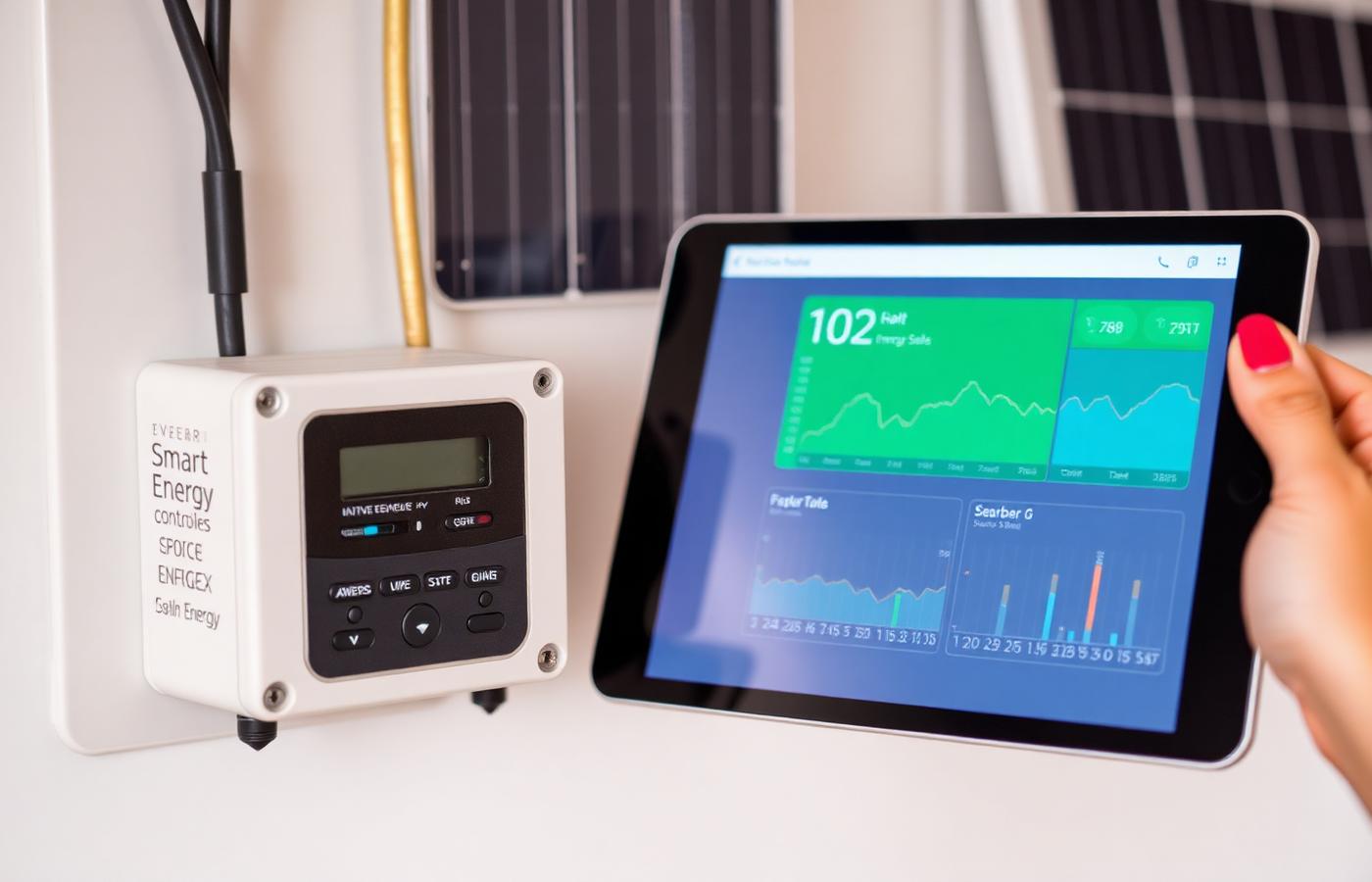 Controlador inteligente conectado a un inversor solar con panel de control mostrando los ahorros